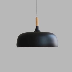 Nowoczesna metalowa lampa wisząca z drewnianym akcentem – minimalistyczny styl skandynawski – Czarny