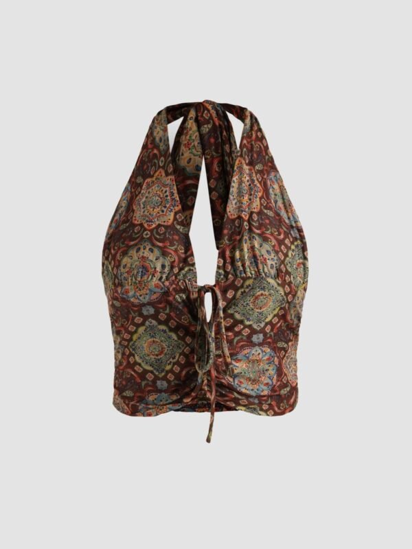 Krótki top halter z głębokim dekoltem i wiązaniami - paisley wielokolorowy