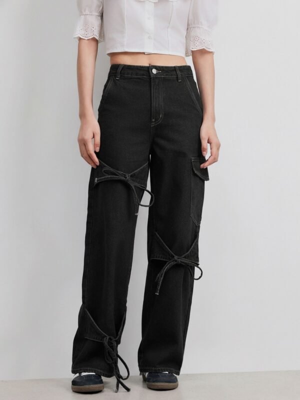 Jeansy wide leg z wysokim stanem i wiązaniami - czarny
