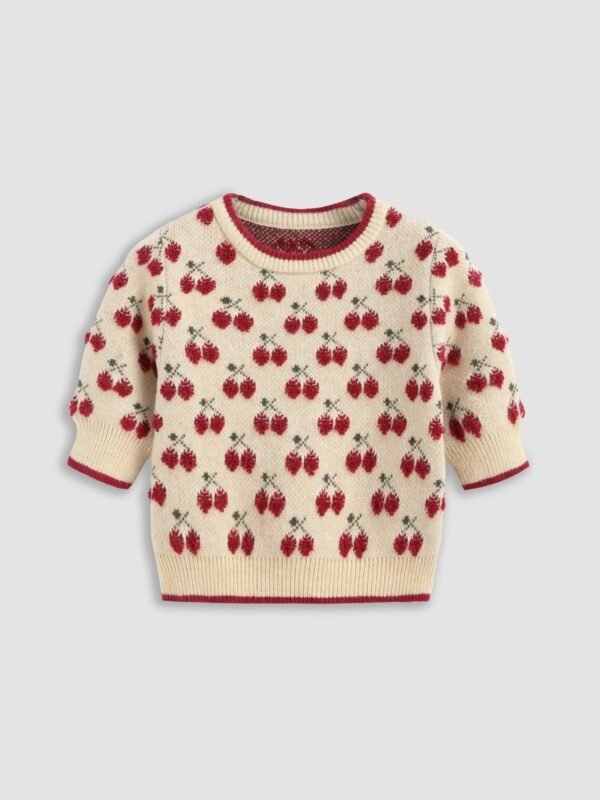 Dzianinowy crop top z ażurowym splotem i motywem wiśni - wiśni beżowy