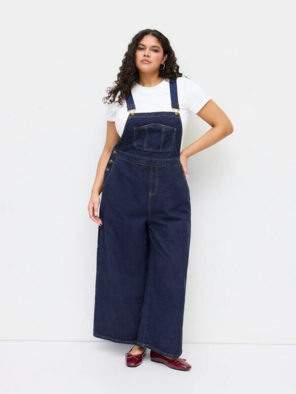 Jeansowy kombinezon wide leg na szelkach - granatowy